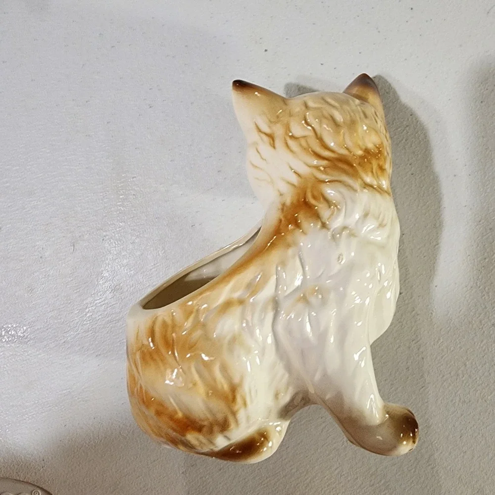 Vintage Ceramic Cat Planter Made in Japan Brown White Kitten Figurine Succulent